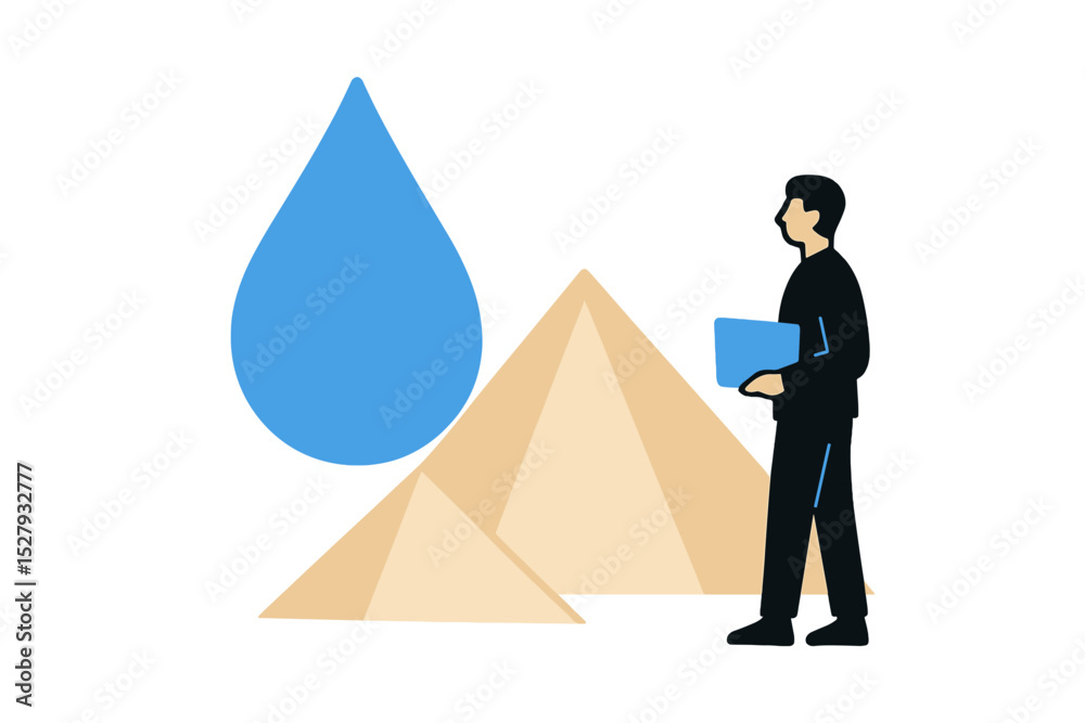 Man in suit standing near pyramids and a drop of water icon isolated Man in suit standing near pyramids and a drop of water icon isolated