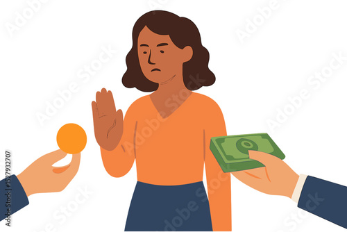Woman refusing money or bribe with hand gesture in vector cartoon icon illustration