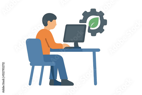 Guy working on computer with eco friendly industry automation icon symbolizing sustainable technology