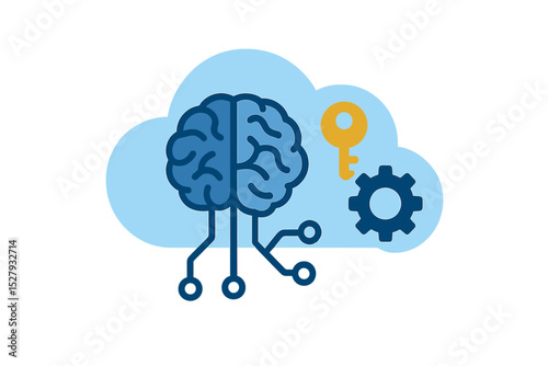 Artificial intelligence brain with cloud, key, and gear illustration on white background