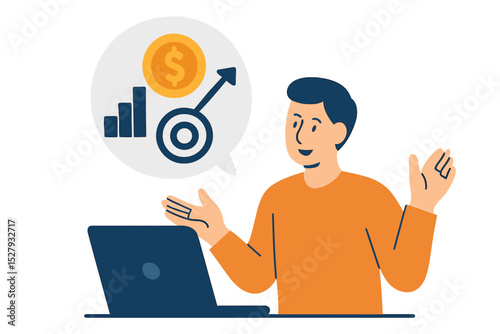 Man explains financial growth and business success, with a laptop, diagrams, coin and arrow on a white isolated background