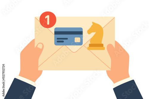 Hands holding email with credit card and chess knight, one new message