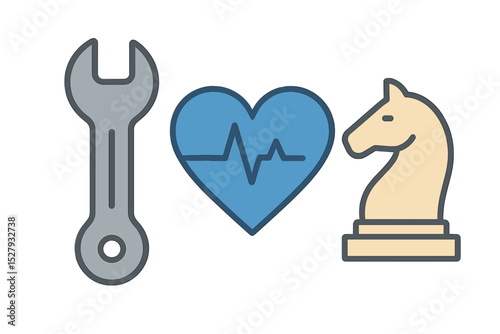 Vector illustration shows strategy, repair, and vital signs symbolism isolated