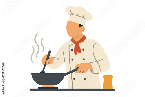 Chef cooking food in a wok on a stove, stirring with a utensil, cartoon icon