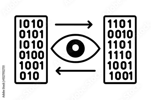 Data analysis and security monitoring with eye visualizing binary code, a cartoon icon for surveillance and privacy