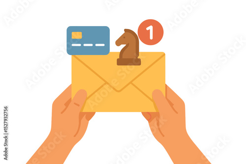 Hands holding mail with a payment card and a knight piece as strategic alert notification