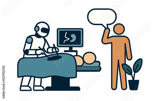 Robot surgeon performing an operation while doctor consults with a speech bubble