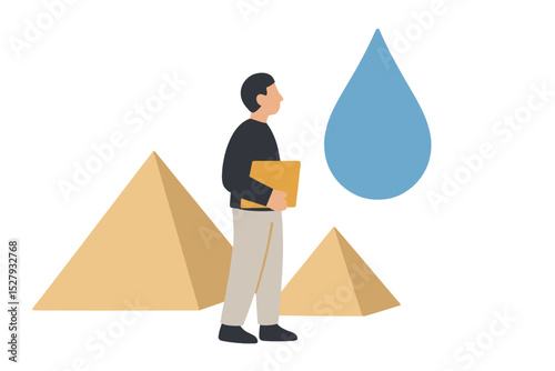 Man holding a folder near pyramids and a large water drop vector illustration