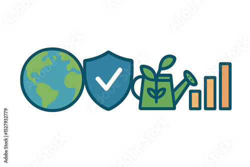 Earth protection and growth vector graphic illustration with globe, shield, watering can and growth bars
