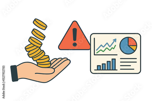 Falling coins on hand with red warning sign and financial report cartoon icon