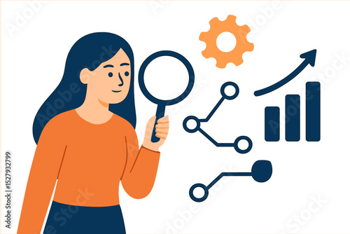 Woman looking through magnifying glass at data, gear, and graph showing business growth in cartoon vector