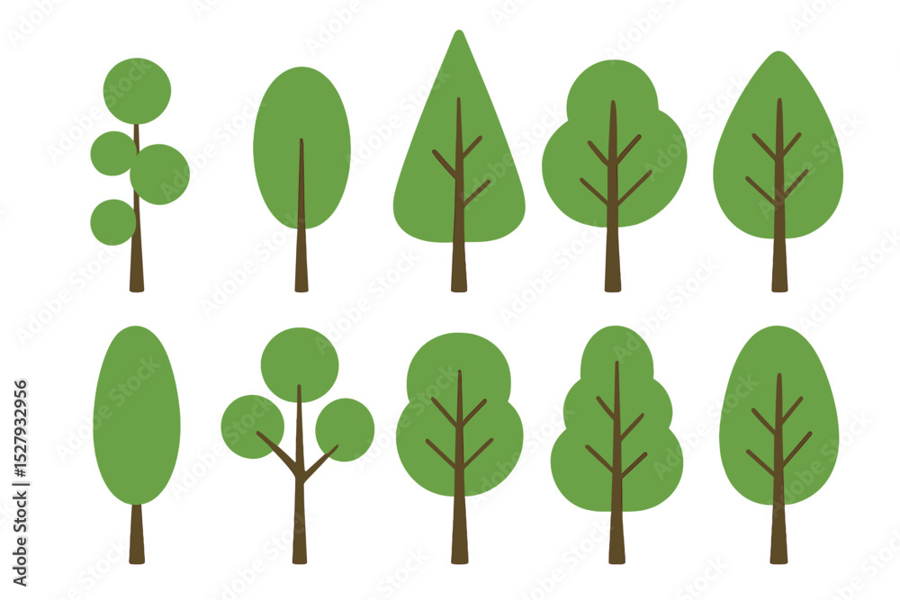 Green trees set vector illustration, minimal and simple cartoon tree icons isolated