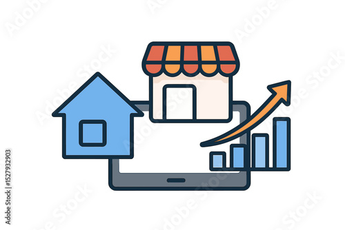 House and storefront growth presented on tablet display, with ascending arrow and columns