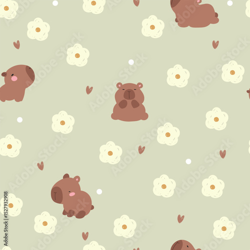 Cute  flowers, hearts, dots and capybara, seamless pattern.	
