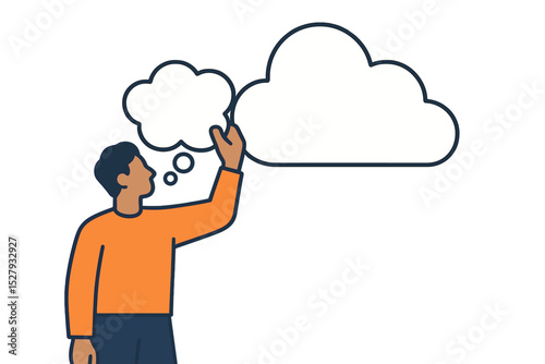 Person holding a thinking cloud and a speech cloud cartoon vector illustration icon isolated