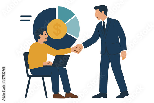 Business deal handshake near pie chart with dollar coin in a cartoon vector