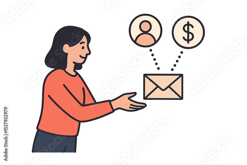 Woman receiving leads and money through email in cartoon illustration