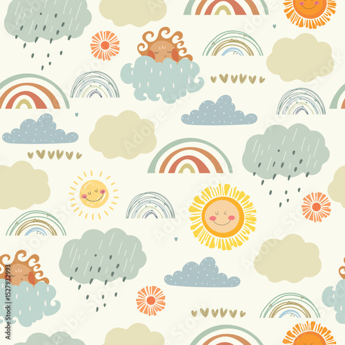 Seamless pattern with clouds, rainbows and sun. Cute hand drawn kids pattern with sky.	
