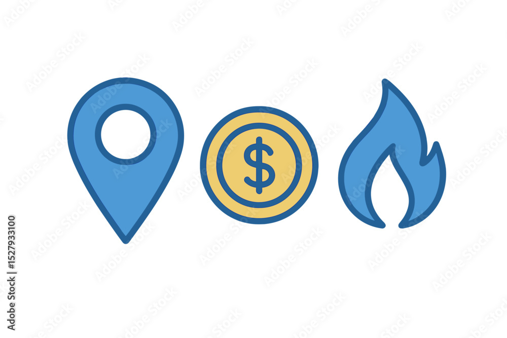 Cartoon illustration showing gas station location, dollar coin, and flame symbol on isolated background Cartoon illustration showing gas station location, dollar coin, and flame symbol on isolated background