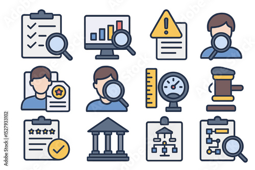 Business analysis and compliance icons set with clipboards, graphs, and legal symbol