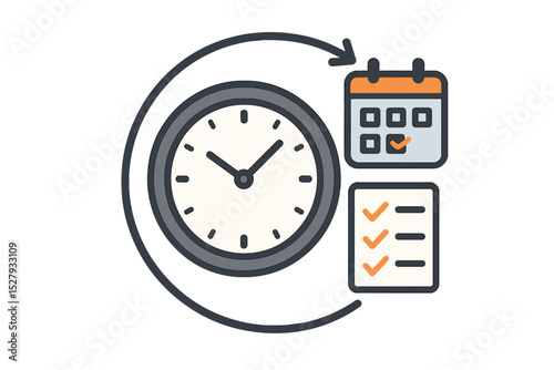 Clock, calendar, and checklist show time management process and efficient task completion icon