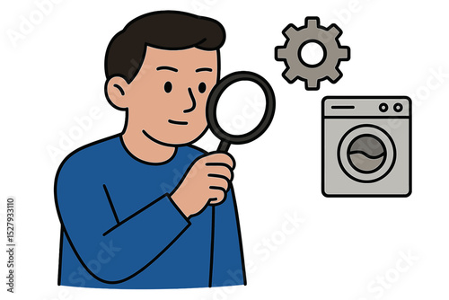 Man with magnifying glass inspects washing machine and gear, isolated vector illustration