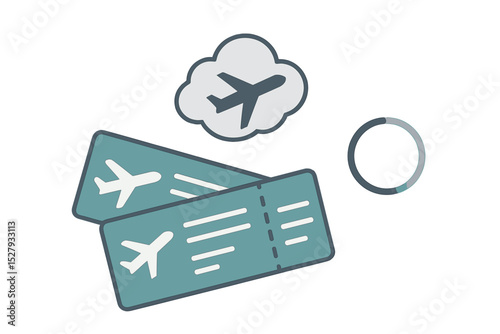 Flight tickets for air travel with airplane in cloud and loading icon representing travel planning and preparation