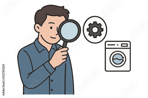 Man holding magnifying glass inspecting washing machine and gear for repair service, cartoon vector illustration