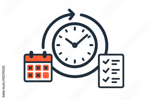 Clock with arrow, calendar, and checklist vector icon representing time management and productivity, isolated on white