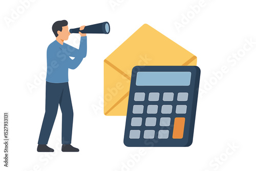 Man looks through telescope with calculator and envelope in vector illustration