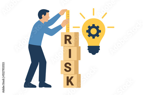 Man measures height of risk blocks with ruler near idea light bulb