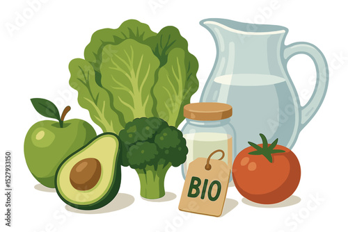Cartoon illustration of healthy food ingredients like apple, lettuce, avocado, and broccoli with bio label