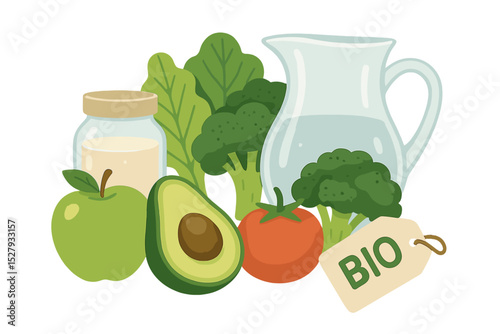 Cartoon still life featuring healthy foods including apple, avocado, broccoli, and glass pitcher of water