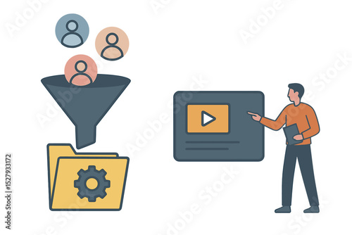 Illustrative cartoon of data filtering through funnel into file and man pointing at online video presentation