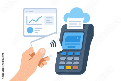 Hand holding contactless card near Pos terminal and chart display