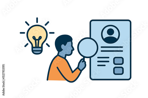 Person inspecting profile with magnifying glass and having ideas with lightbulb