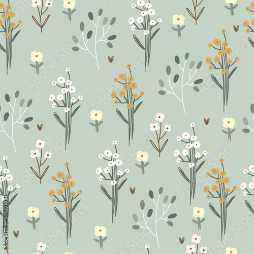 Flowers and leaves , hand drawn plants. Vector illustration with flowers and leaves, seamless pattern.