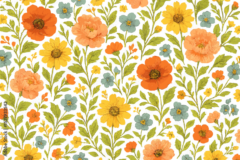 Lively repeating floral pattern with orange, yellow, and blue flowers on a white background Lively repeating floral pattern with orange, yellow, and blue flowers on a white background