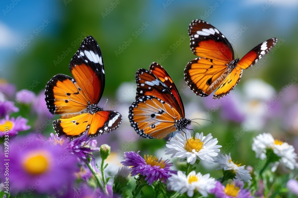 Fototapeta premium Colorful butterflies fluttering among blooming flowers in a vibrant garden