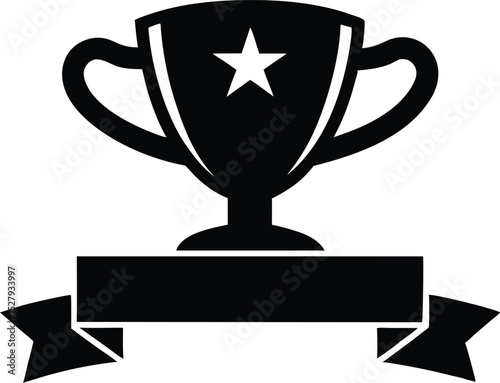 Trophy Award Silhouette Victory Emblem with Ribbon Banner Vector
