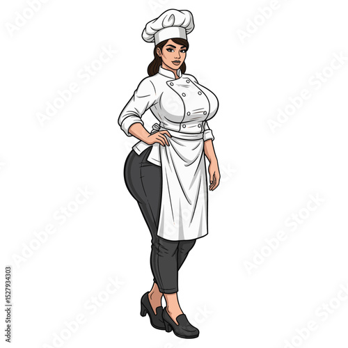 Stylish female chef in professional uniform holds confident pose in kitchen
