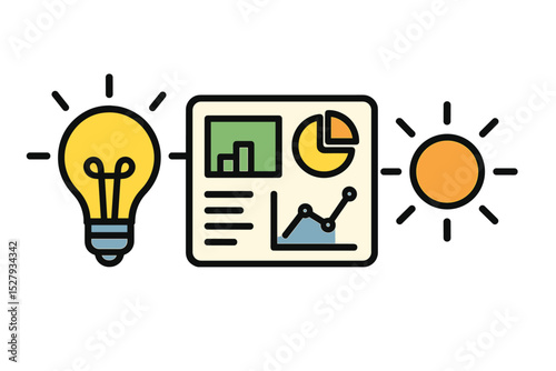 Business strategy icon showing a light bulb, dashboard with charts, and Sun, representing energy