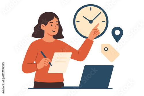 Woman plans schedule pointing at clock with laptop, pen, and paper for deadline management and task tracking