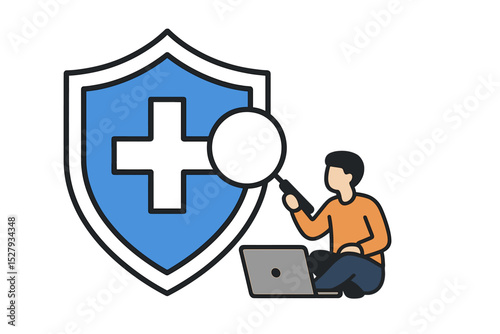 Man inspecting healthcare with magnifying glass and laptop on floor, alongside shield