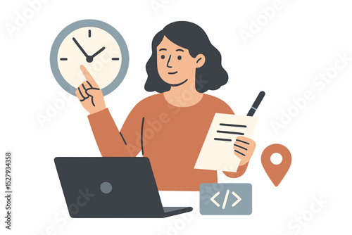 Woman pointing at clock with laptop, writing on paper, location pin and code symbol, represents time management and planning