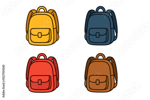 Four different colored backpacks isolated on a white background in a simple vector style