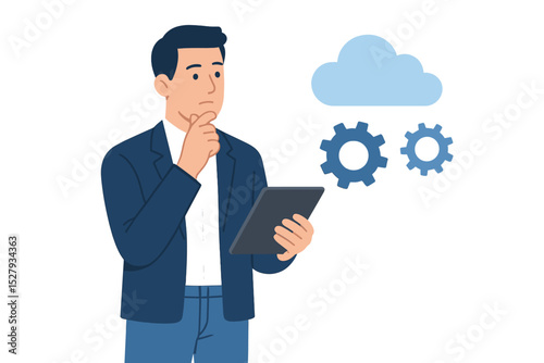 Man analyzing cloud computing data on tablet device with gears above, isolated vector art