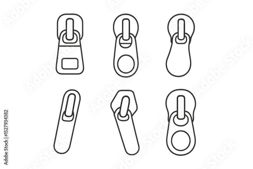 Six different types of zipper pullers line art vector illustration icon isolated