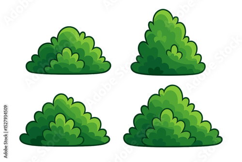 Green cartoon bushes vector art showing different shapes on white background