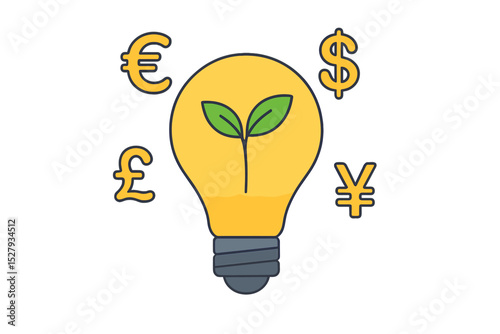 Idea for financial growth is represented by light bulb with sprout and currency symbols